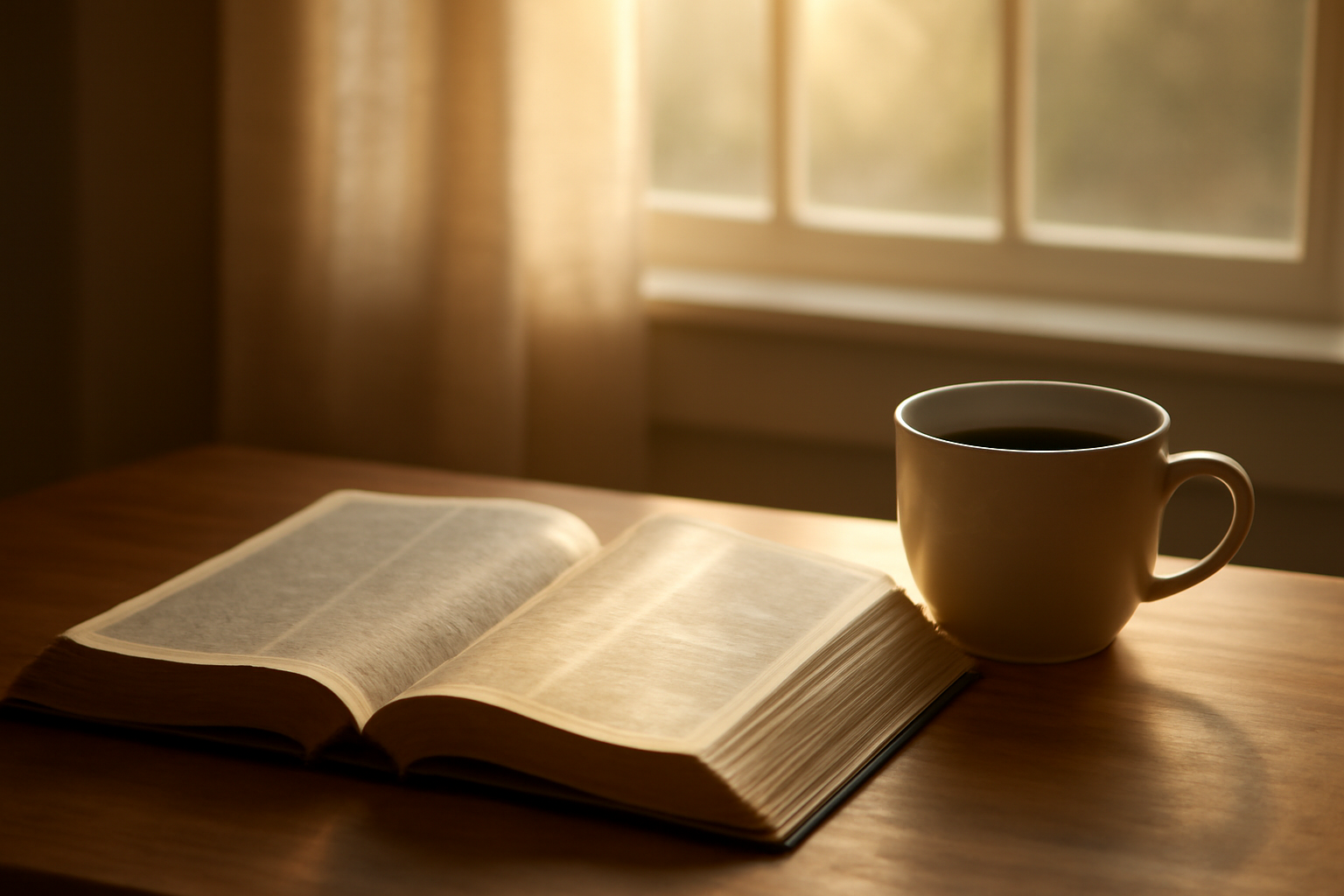 Alkitab terbuka di meja kayu dengan secangkir kopi dan cahaya pagi, menggambarkan waktu teduh untuk berdoa.