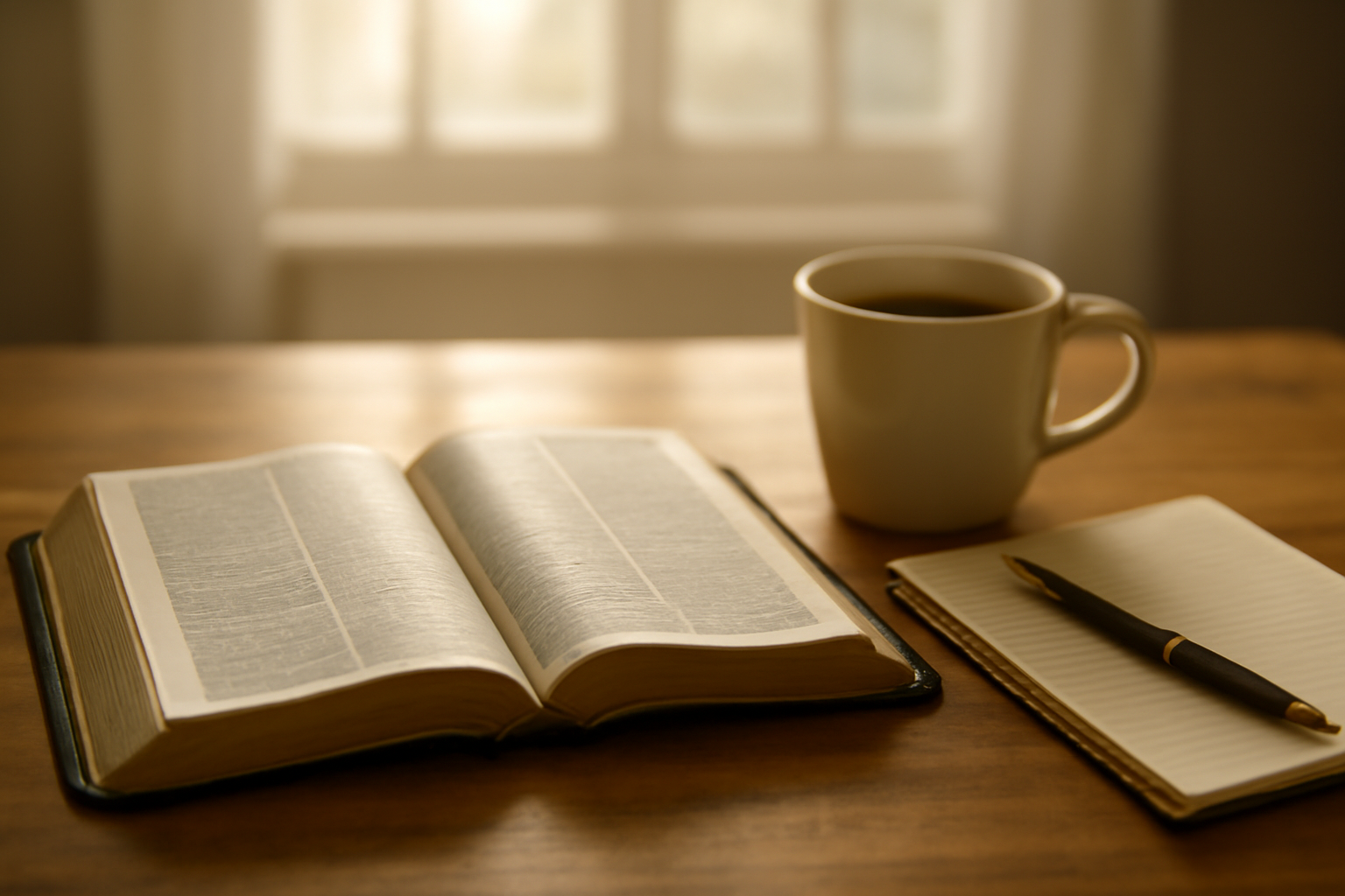 Alkitab terbuka di meja kayu bersama buku catatan dan cangkir kopi di pagi hari